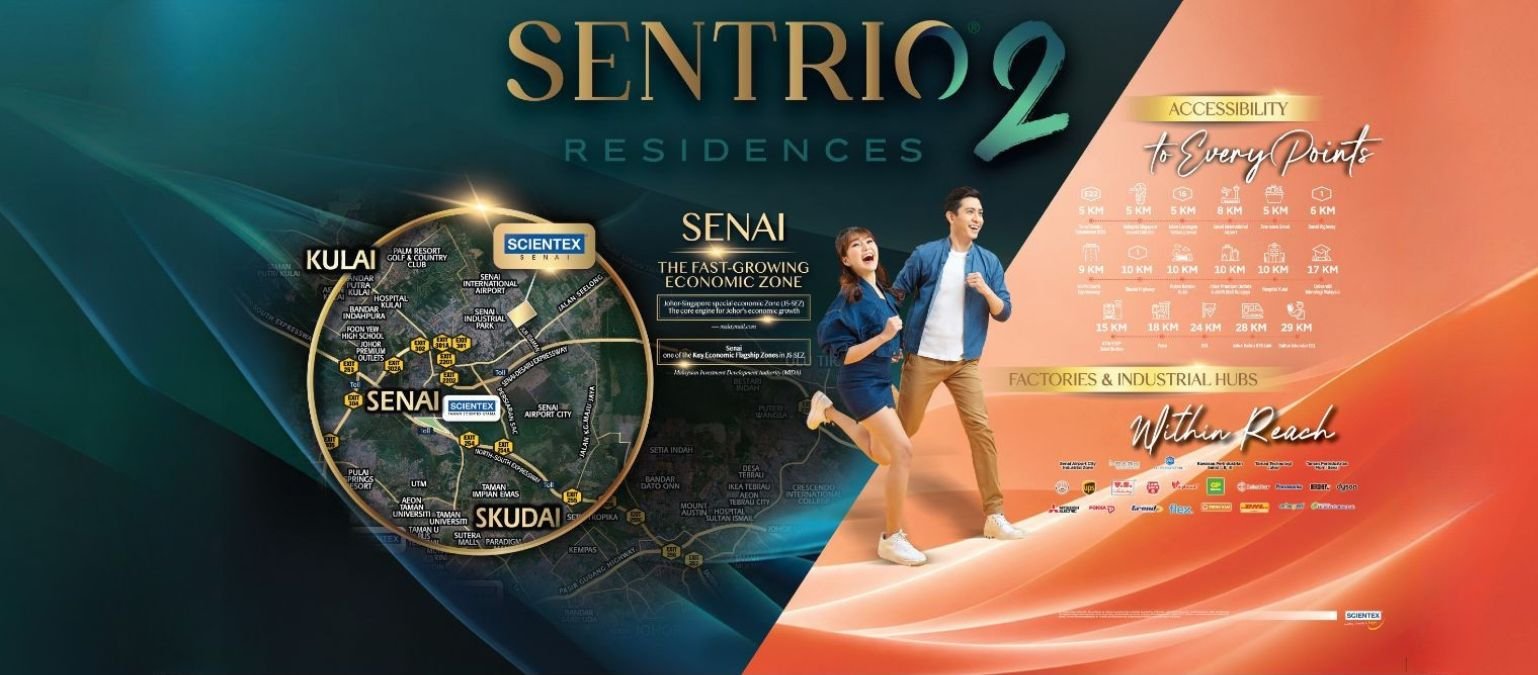 Peta lokasi dan kesampaian Sentrio Residences 2 Senai menunjukkan Kulai, Skudai dan Senai dalam Zon Ekonomi Khas Johor-Singapura (JS-SEZ)