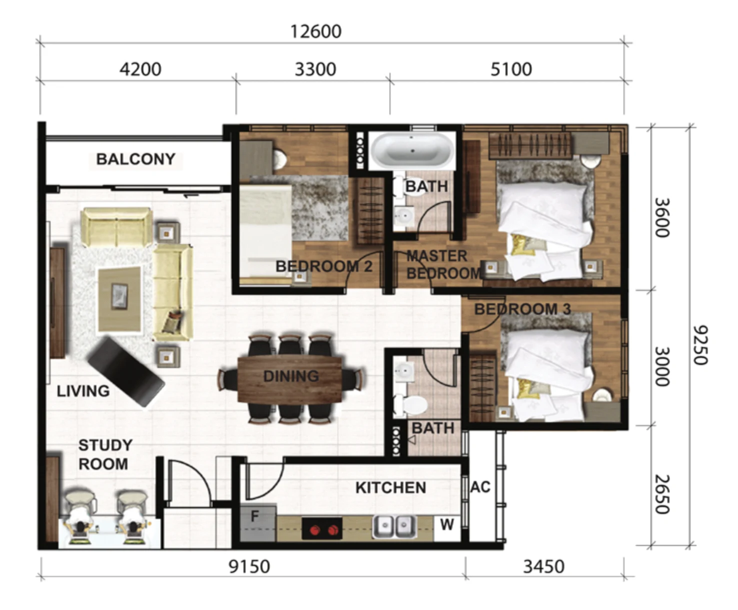 SKS Pavillion Residences Type A floor plan, 3-bedroom layout with study room and 2 bathrooms in Jalan Storey, Bukit Senyum, JBCC, Johor Bahru, Johor