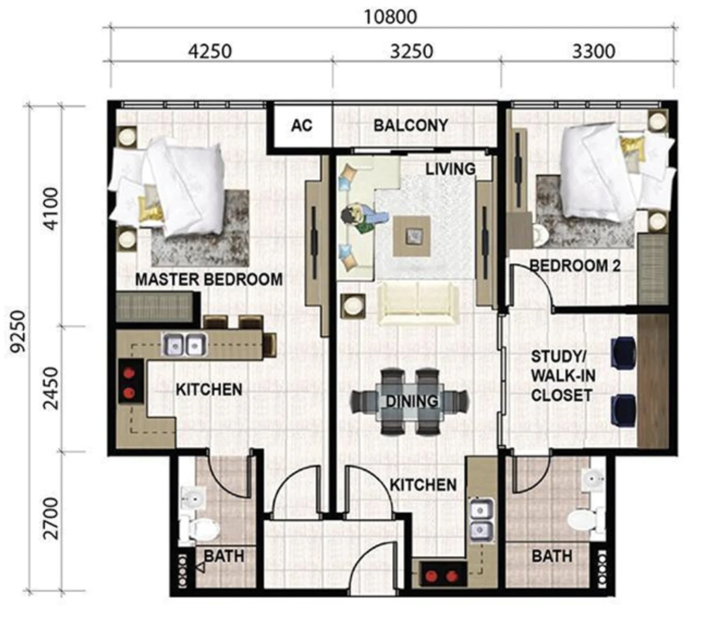 Pelan lantai SKS Pavillion Residences Jenis E, susun atur 2 bilik tidur dengan bilik belajar/almari jalan masuk