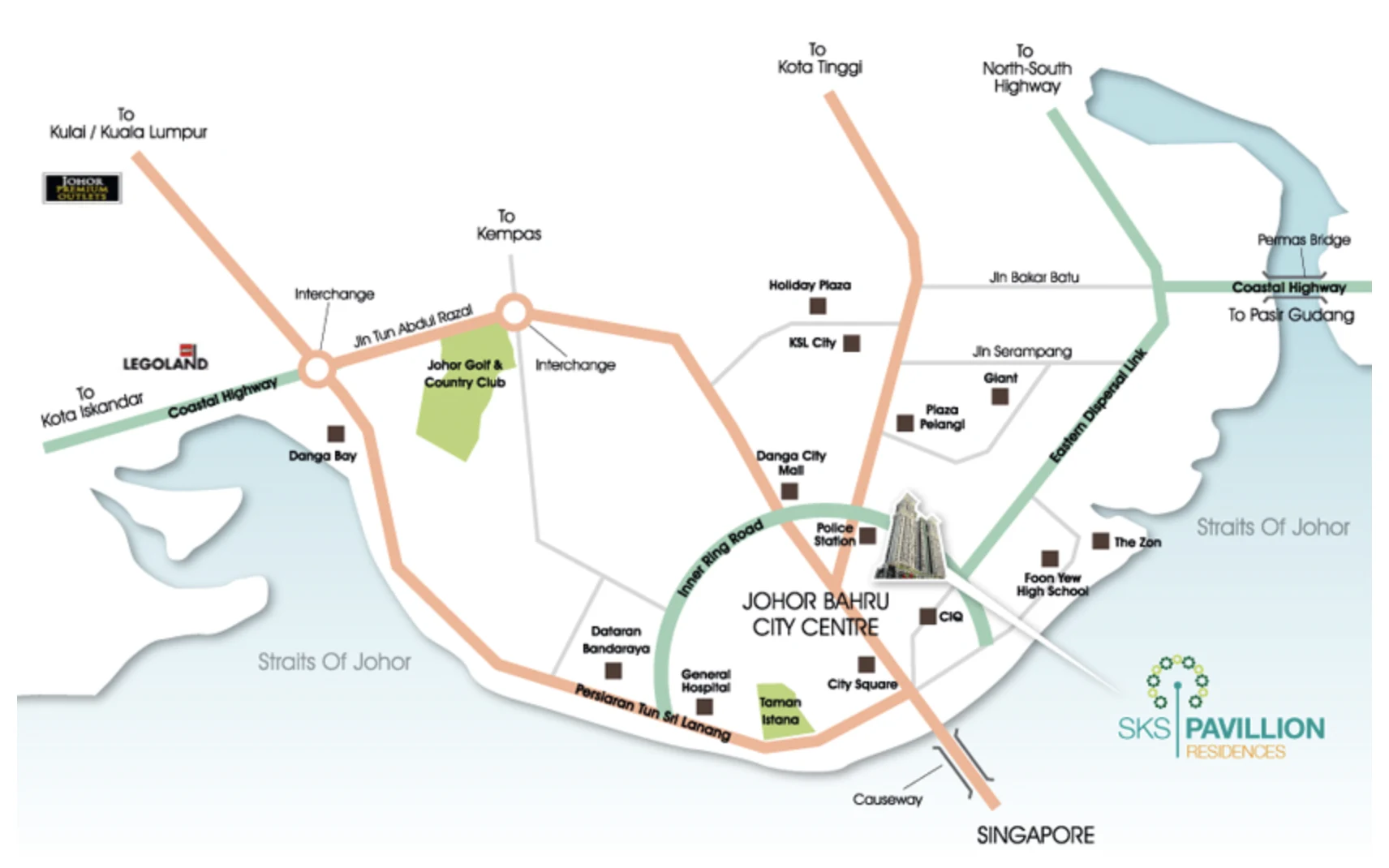 Peta lokasi SKS Pavillion Residences menunjukkan Bukit Senyum, CIQ, talian RTS Link dan mercu tanda pusat bandar Johor Bahru