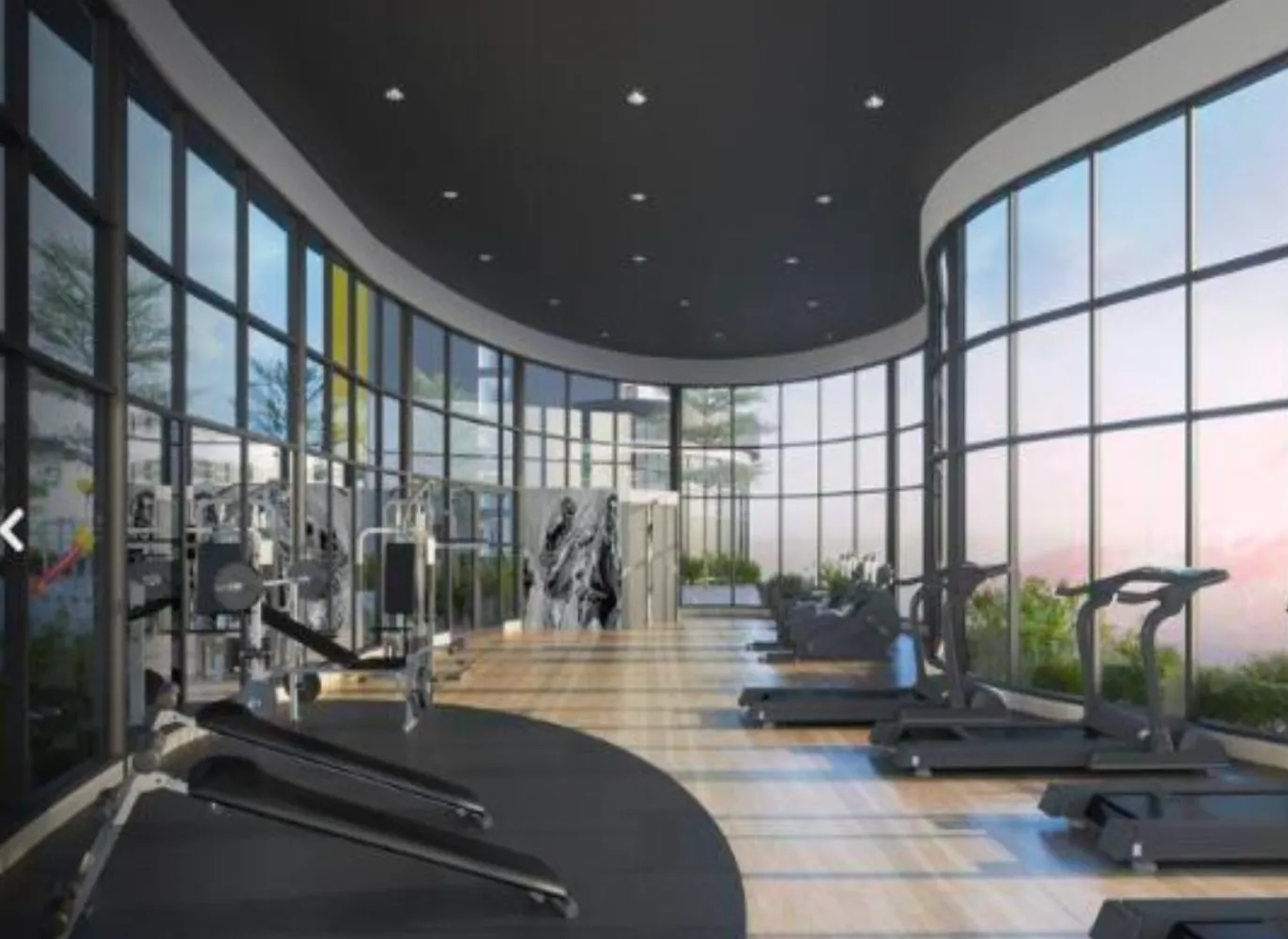 Impresi artis gimnasium Sky Curve @ Taman Perling dengan cermin penuh dari lantai ke siling dan pemandangan bandar