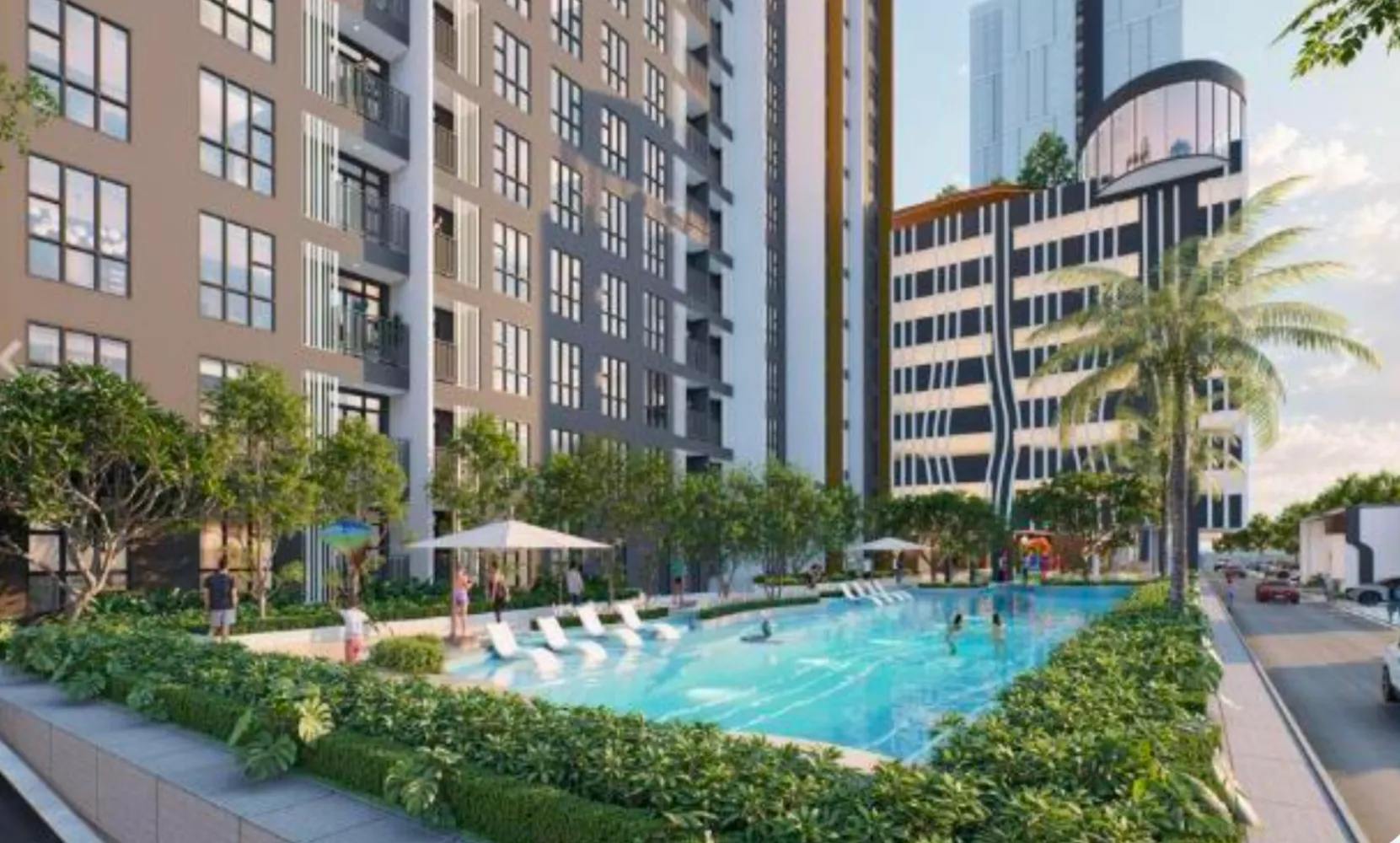 Impresi artis dek kolam renang berlanskap Sky Curve @ Taman Perling dengan kerusi santai matahari di antara menara kembar