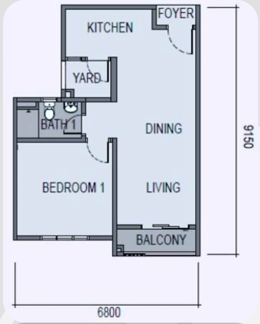 Pelan lantai Sky Curve @ Taman Perling Jenis A, 579 kaki persegi 1 bilik tidur dengan 1 bilik air