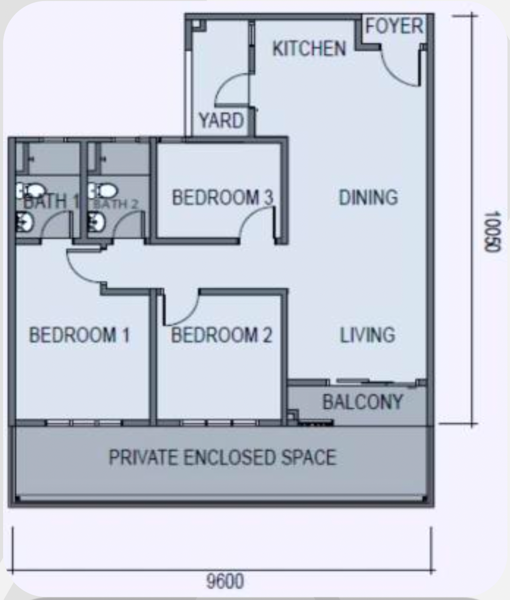 Sky Curve @ Taman Perling C1 花园单位平面图，1,111 平方尺 3 房 2 卫附私家花园