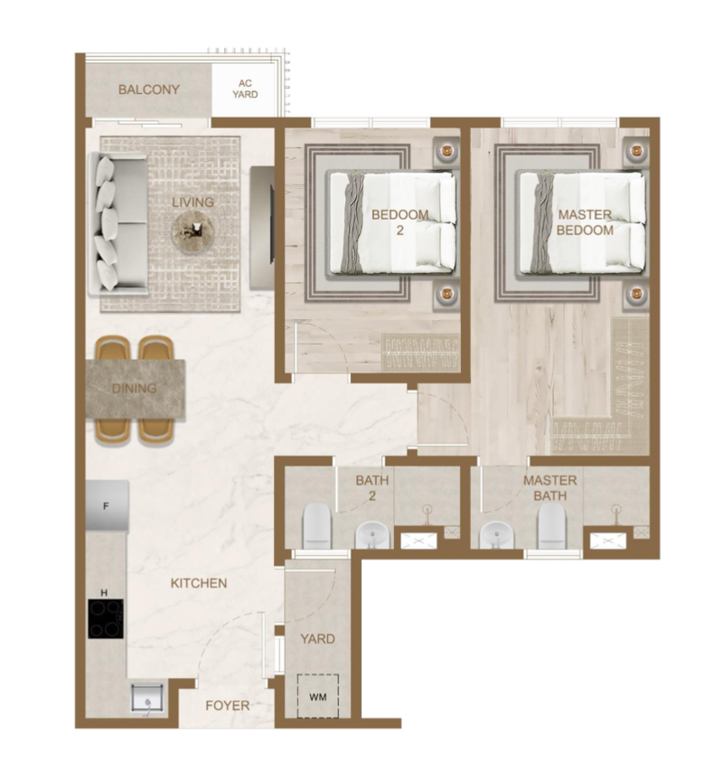 Pelan lantai Skyline One Sentosa Taman Sentosa Johor Bahru Jenis B 2 bilik, 750 kaki persegi 2 bilik air