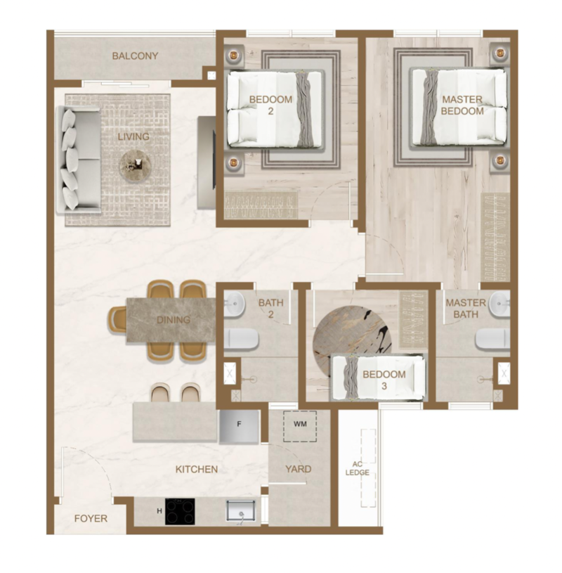 Pelan lantai Skyline One Sentosa Taman Sentosa Johor Bahru Jenis C 3 bilik, 925 kaki persegi 2 bilik air
