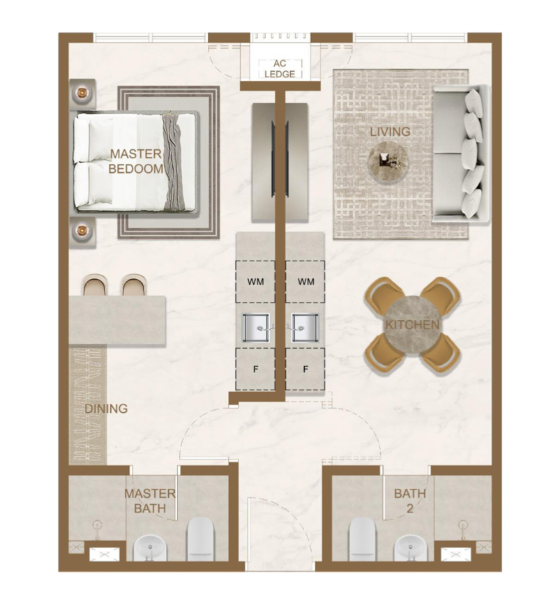 Pelan lantai dual-key Skyline One Sentosa Taman Sentosa Johor Bahru Jenis E 1 bilik, 600 kaki persegi 2 bilik air