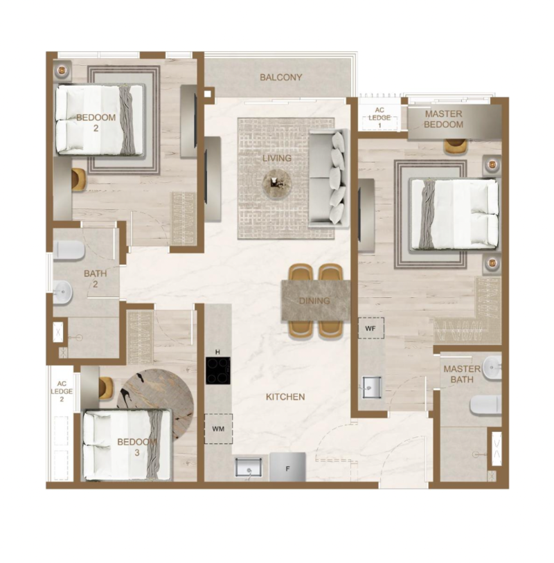 Pelan lantai dual-key Skyline One Sentosa Taman Sentosa Johor Bahru Jenis F 3 bilik, 968 kaki persegi 3 bilik air