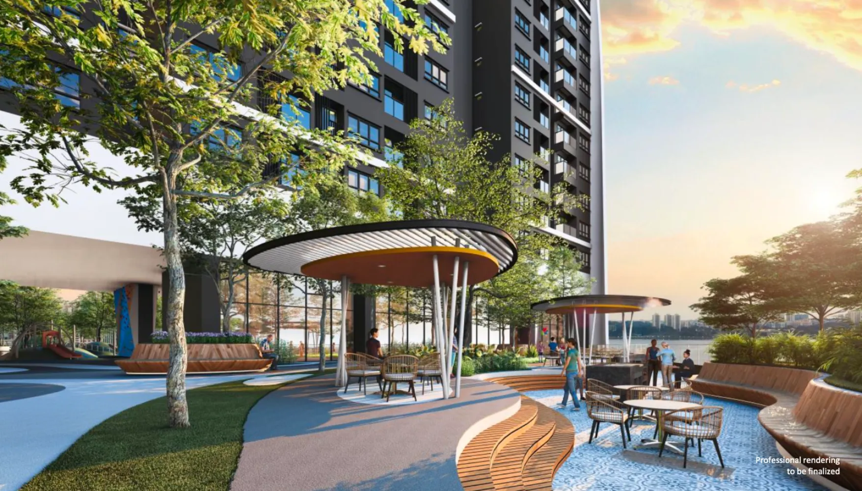 Plaza berlandskap aras bawah Skypark Kepler dengan taman permainan kanak-kanak dan pod tempat duduk berteduh