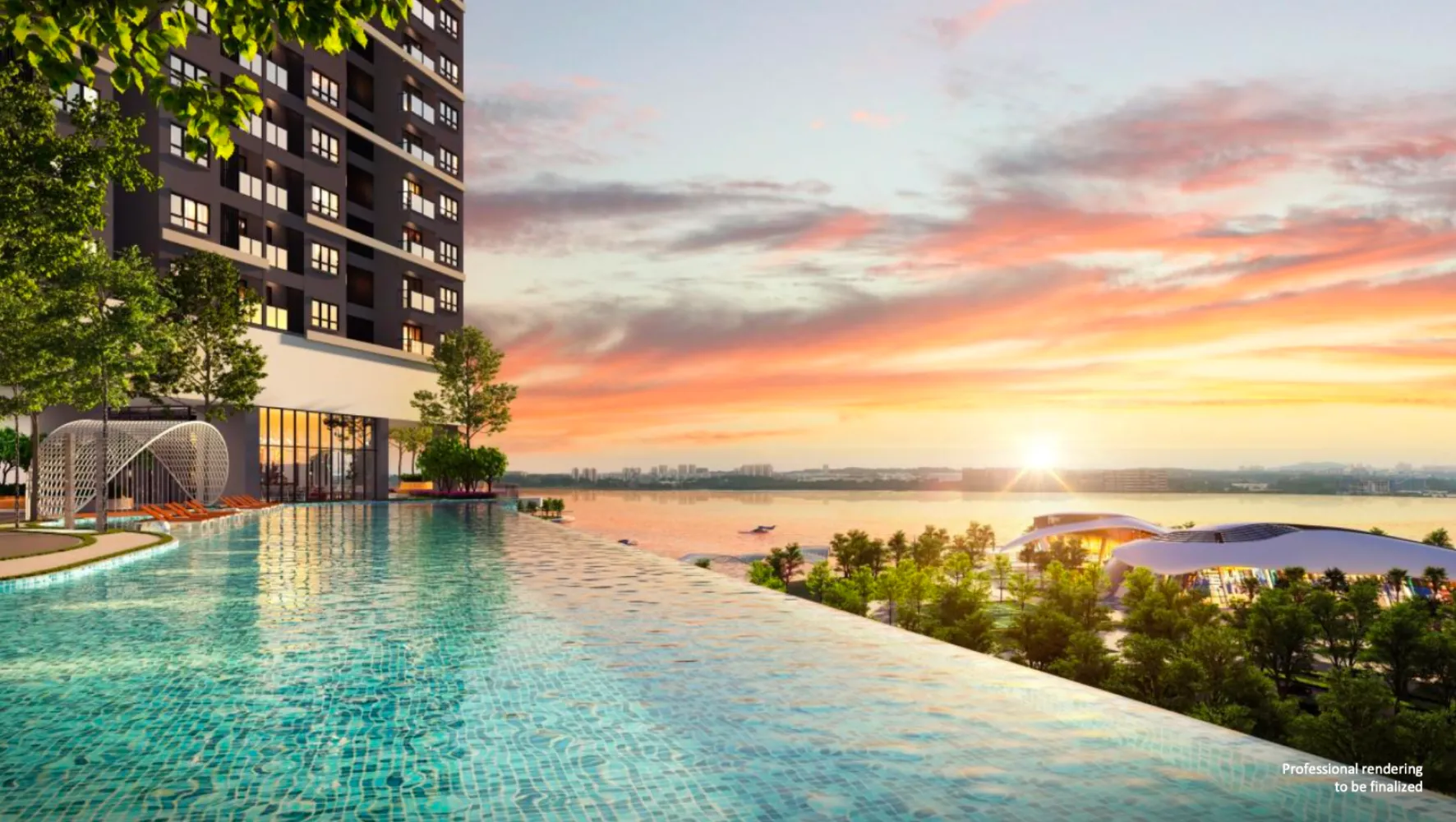 Kolam renang infiniti atas bumbung Skypark Kepler menghadap tebing air Selat Johor waktu senja