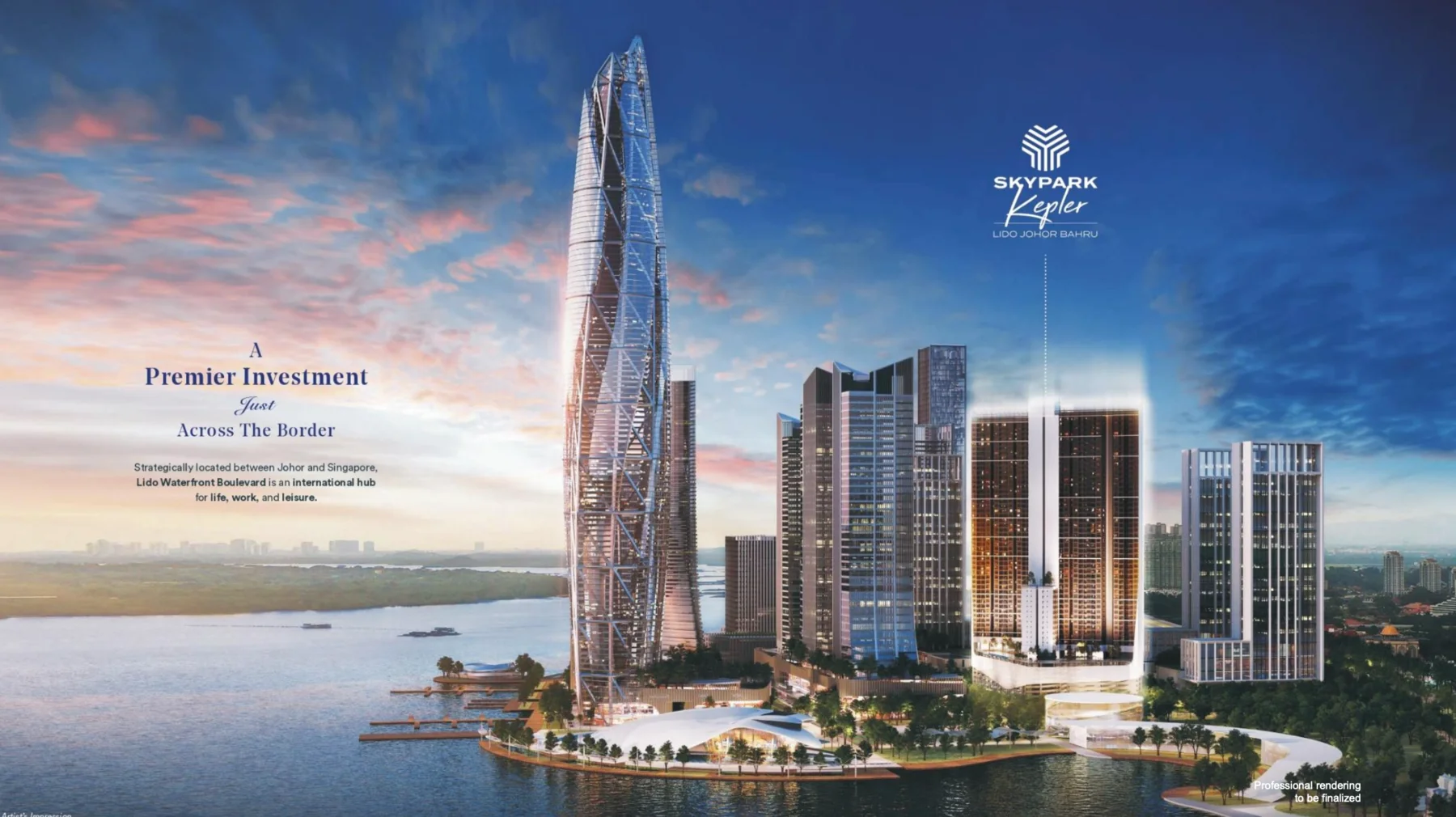Skypark Kepler dalam garis langit kawasan Lido Waterfront Boulevard yang lebih luas, Johor Bahru