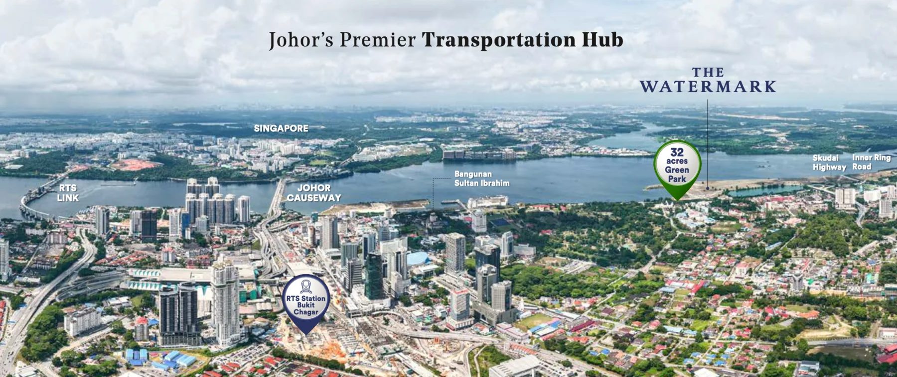 Peta lokasi dan kesinambungan Skypark Kepler menunjukkan Stesen RTS Bukit Chagar dan akses Tambak Johor
