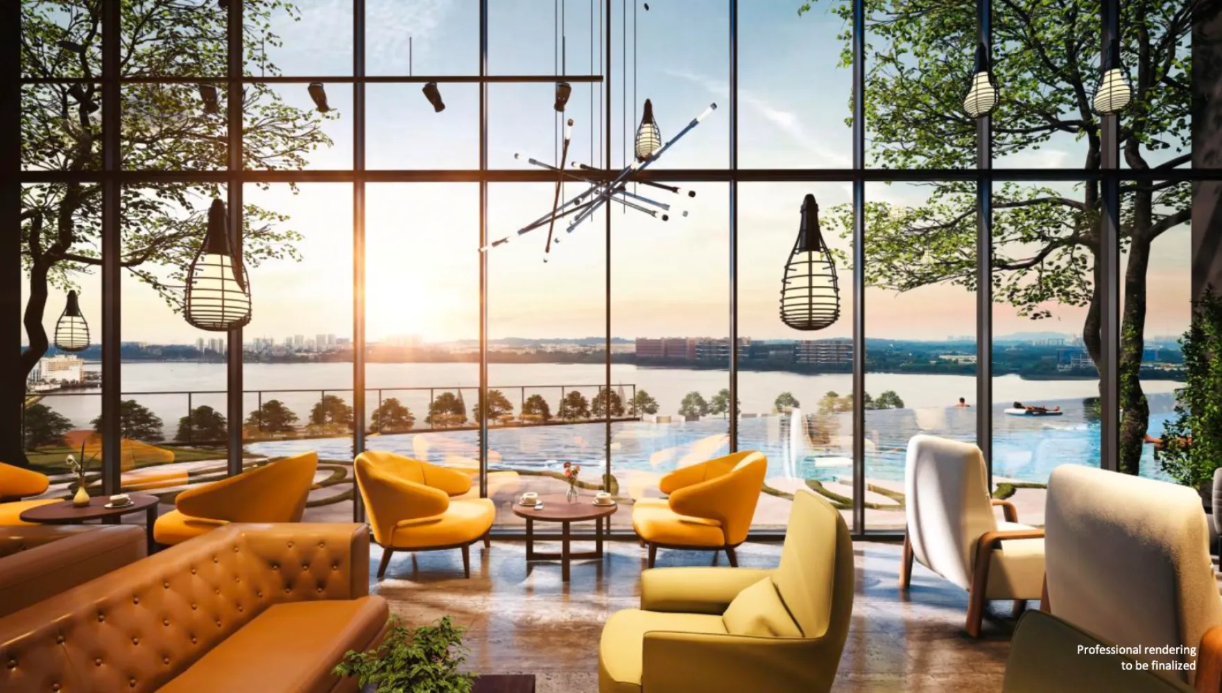 Ruang lounge udara Tingkat 9 Skypark Kepler dengan cermin penuh dan pemandangan kolam renang tepi air
