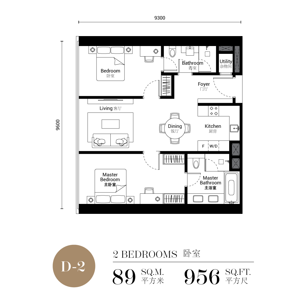 Pelan lantai SO/ Kuala Lumpur Hotel and Residences Jenis D-2, suite 2 bilik 956 kaki persegi