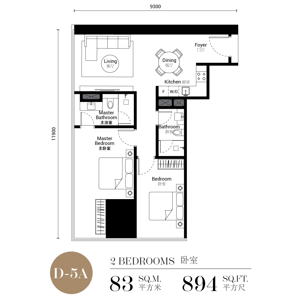 Pelan lantai SO/ Kuala Lumpur Hotel and Residences Jenis D-5A, suite 2 bilik 894 kaki persegi
