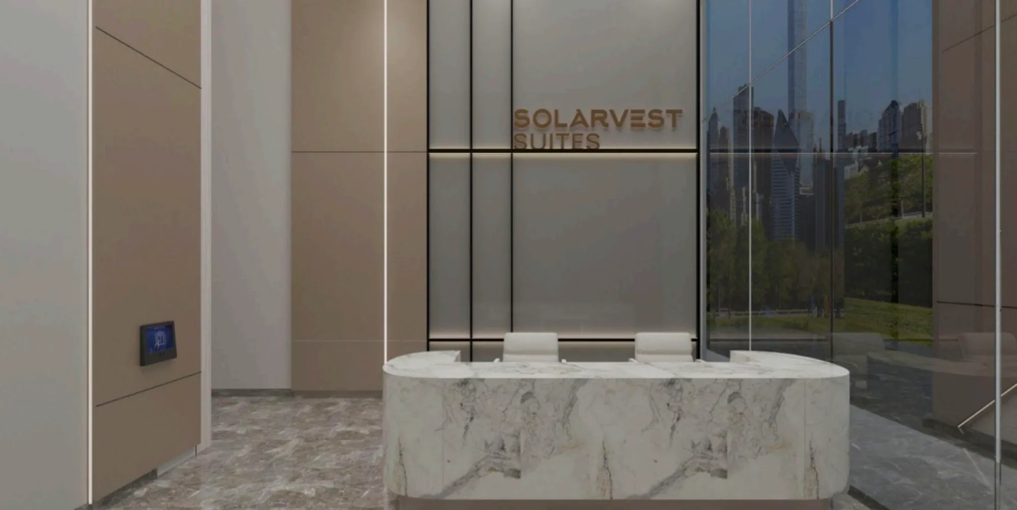 Lobi penerimaan tingkat bawah Solarvest Suites dengan kaunter concierge marmar dan papan tanda dinding Solarvest Suites