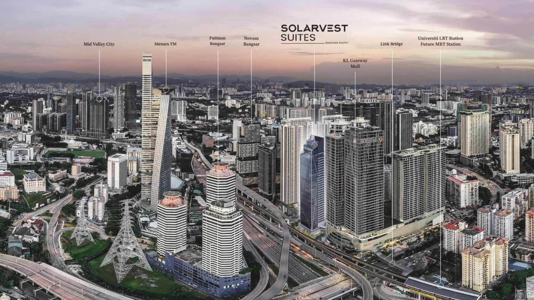 Pandangan udara menandakan Solarvest Suites bersama mercu tanda Bangsar South termasuk KL Gateway Mall, jambatan penghubung dan Stesen LRT Universiti