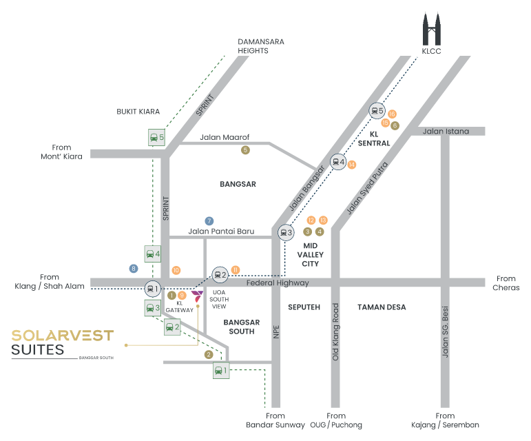 Peta lokasi Solarvest Suites menunjukkan hubungan Bangsar South ke LRT Universiti, KL Gateway, Mid Valley City, KL Sentral dan Lebuhraya Federal