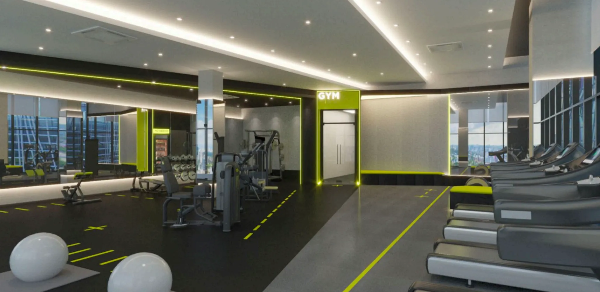 Gim tinggi Solarvest Suites dengan barisan treadmill, mesin rintangan dan beban bebas untuk penyewa pejabat