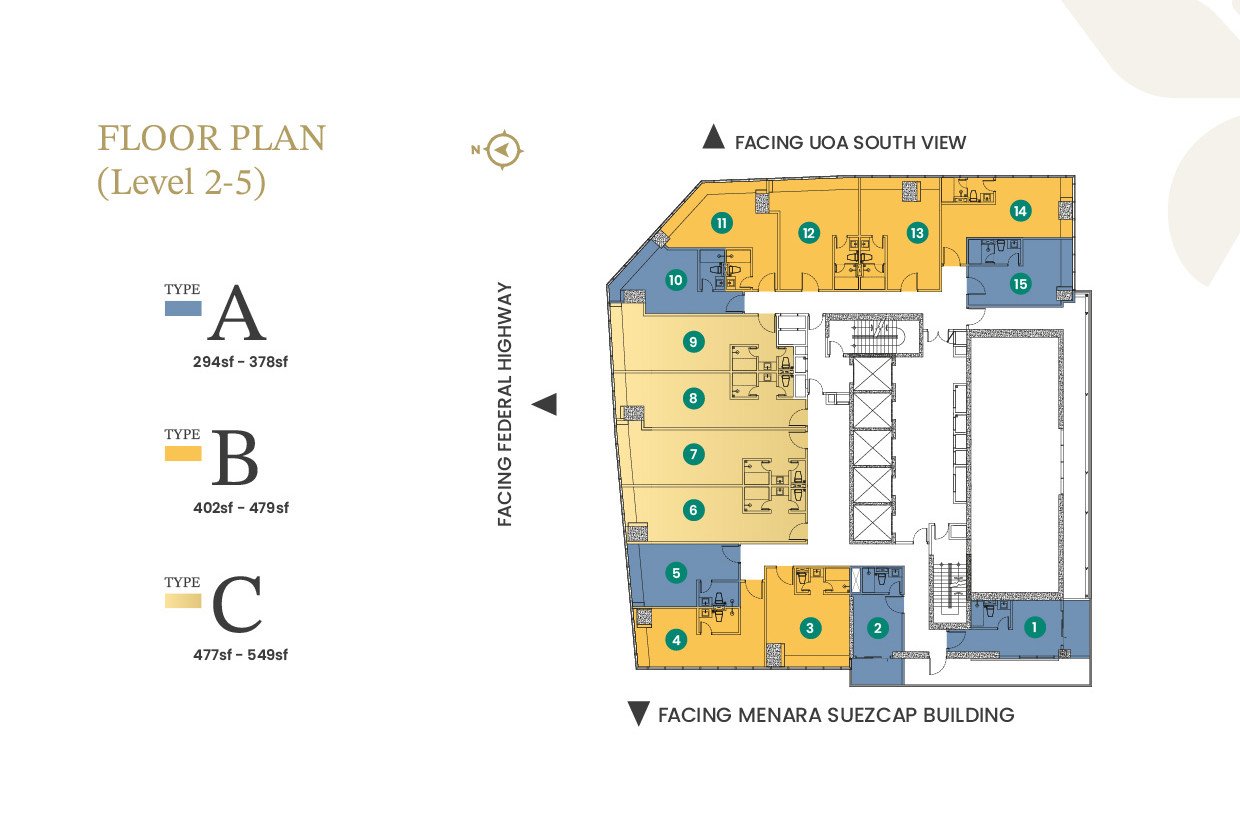 Pelan lantai tipikal Solarvest Suites untuk Tingkat 2 hingga 5 menunjukkan 15 suite pejabat berkod warna mengikut jalur keluasan, menghadap Lebuhraya Federal dan UOA South View