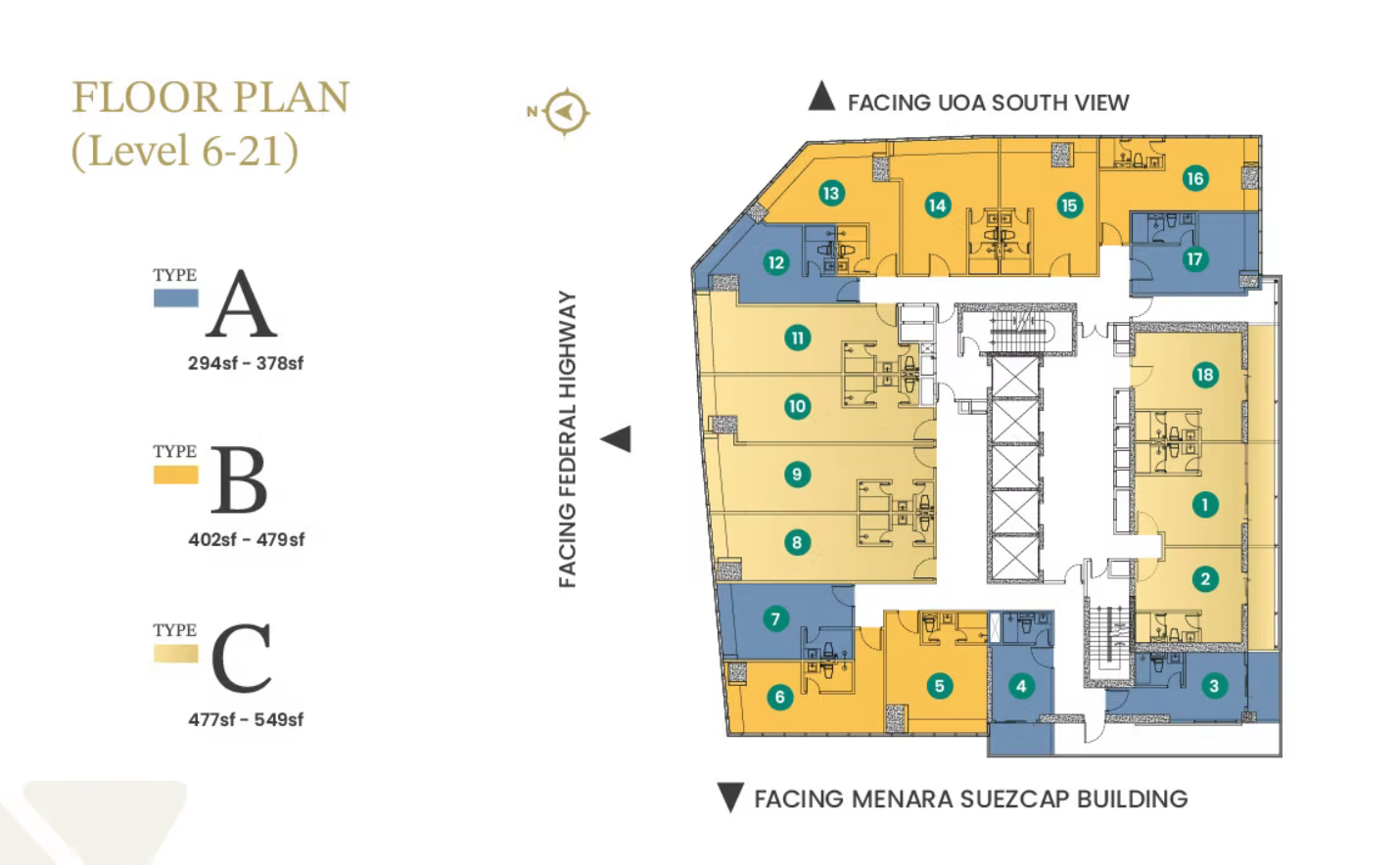Pelan lantai tipikal Solarvest Suites untuk Tingkat 6 hingga 21 menunjukkan 18 suite pejabat berkod warna mengikut jalur keluasan, menghadap Lebuhraya Federal dan Menara Suezcap