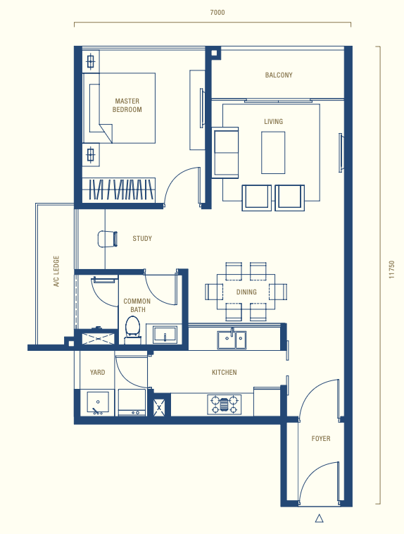 Pelan lantai Jenis A1 Southern Marina Residences, 769 kaki persegi, 1+1 bilik 1 bilik air