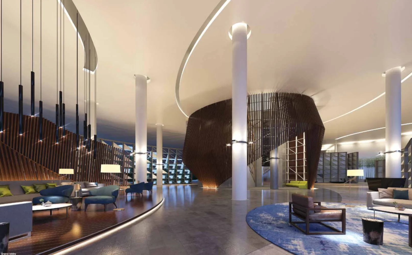 Ruang dalaman lobi utama Southern Marina Residences dengan tangga ciri kayu berbentuk seni