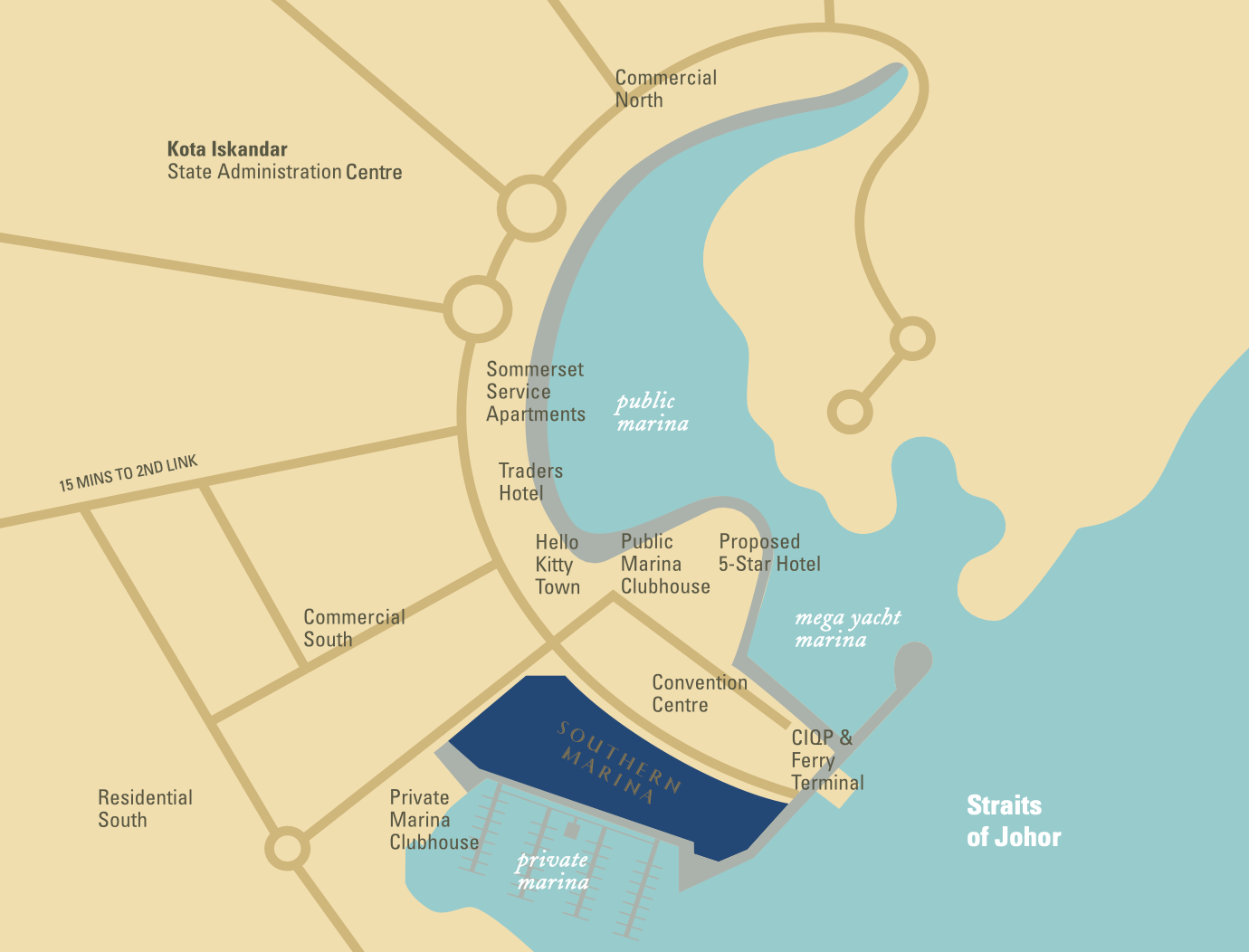Peta lokasi Southern Marina Residences menunjukkan marina persendirian Puteri Harbour, terminal feri CIQP dan kesalinghubungan Kota Iskandar
