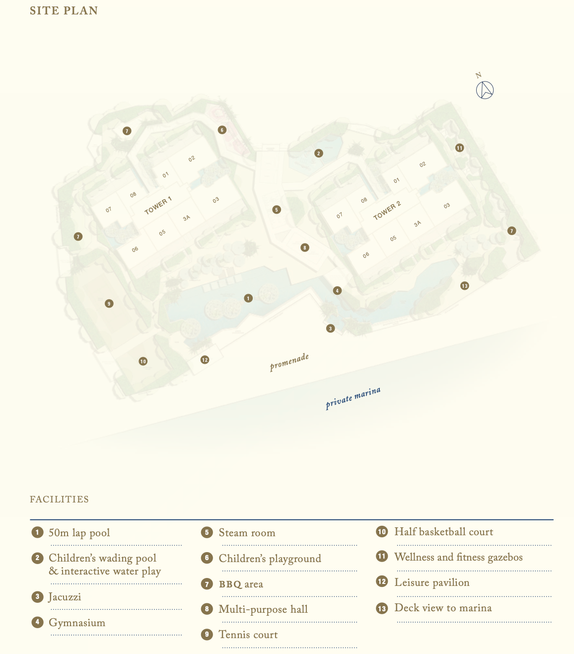 Pelan tapak Southern Marina Residences menunjukkan susun atur Menara 1 dan Menara 2 dengan kemudahan kolam renang 50m, gelanggang tenis dan promenad marina