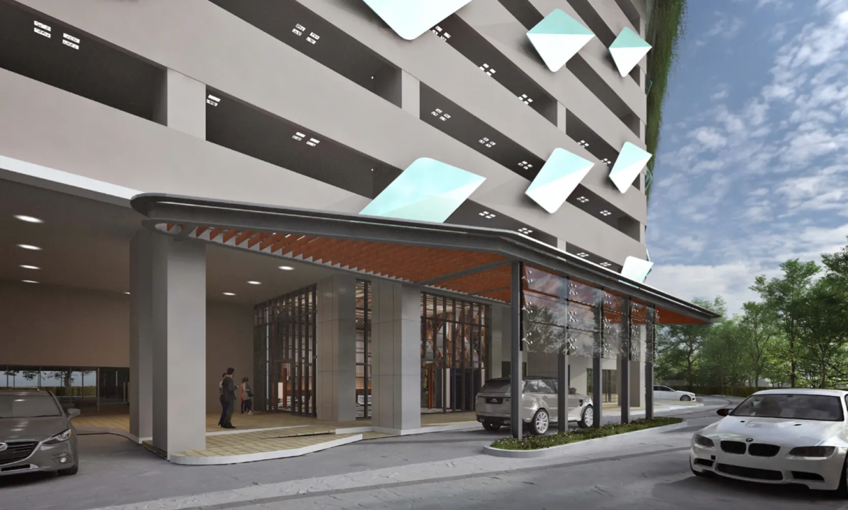 Southkey NADI Residences lobby canopy detail with geometric glass panels at the main drop-off in Southkey City, Johor Bahru, Johor