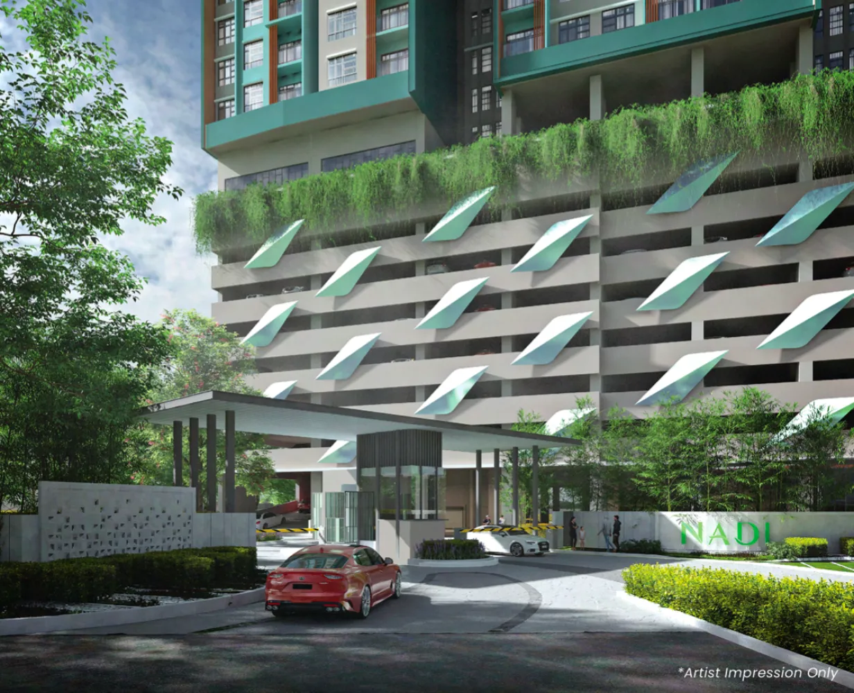 Southkey NADI Residences grand entrance drop-off with landscaped porte-cochere and NADI signage in Southkey City, Johor Bahru, Johor
