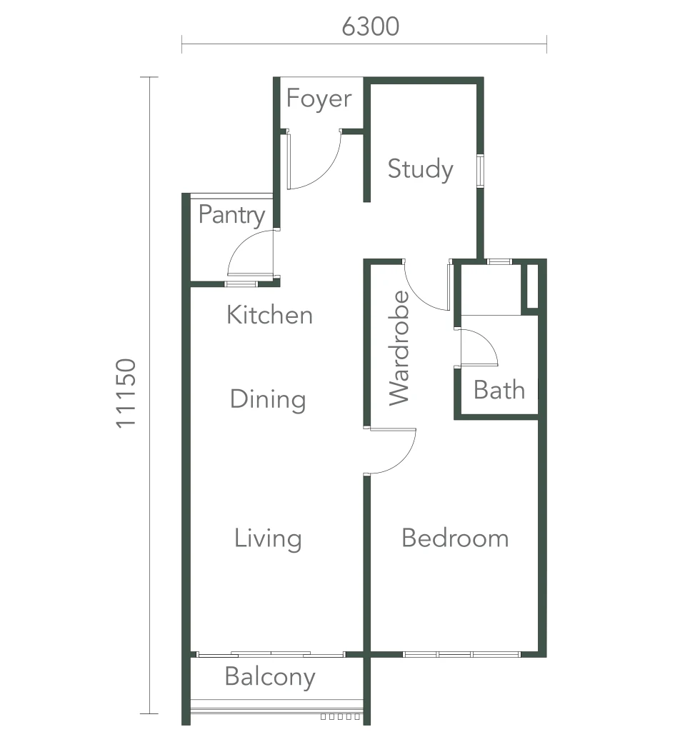 Southkey NADI Residences Type A floor plan, 649 sqft 1-bedroom with study and 1 bathroom in Southkey City, Johor Bahru, Johor