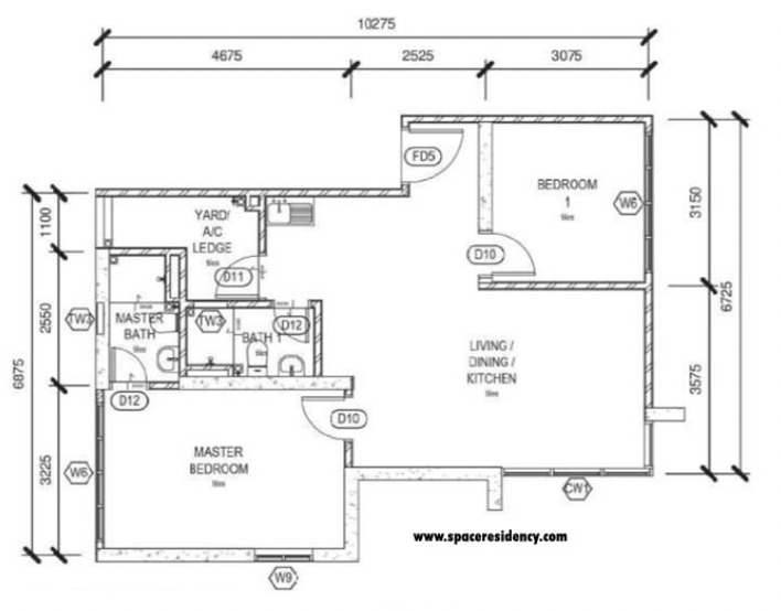 Pelan lantai Space Residency Jenis B1, 737 kaki persegi, susun atur 2 bilik 2 bilik air