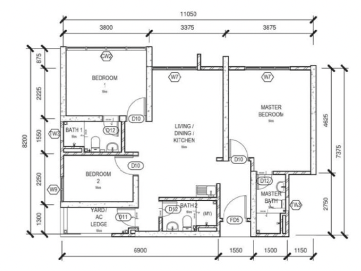 Pelan lantai Space Residency Jenis C, 880 kaki persegi, susun atur 3 bilik 3 bilik air