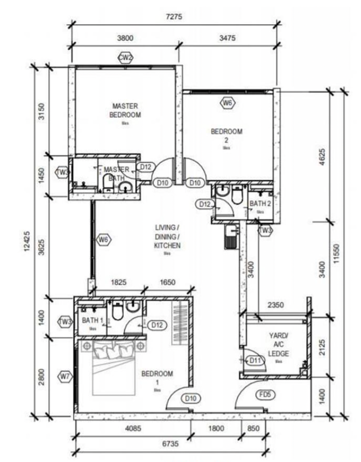 Pelan lantai Space Residency Jenis C1, 907 kaki persegi, susun atur 3 bilik 3 bilik air