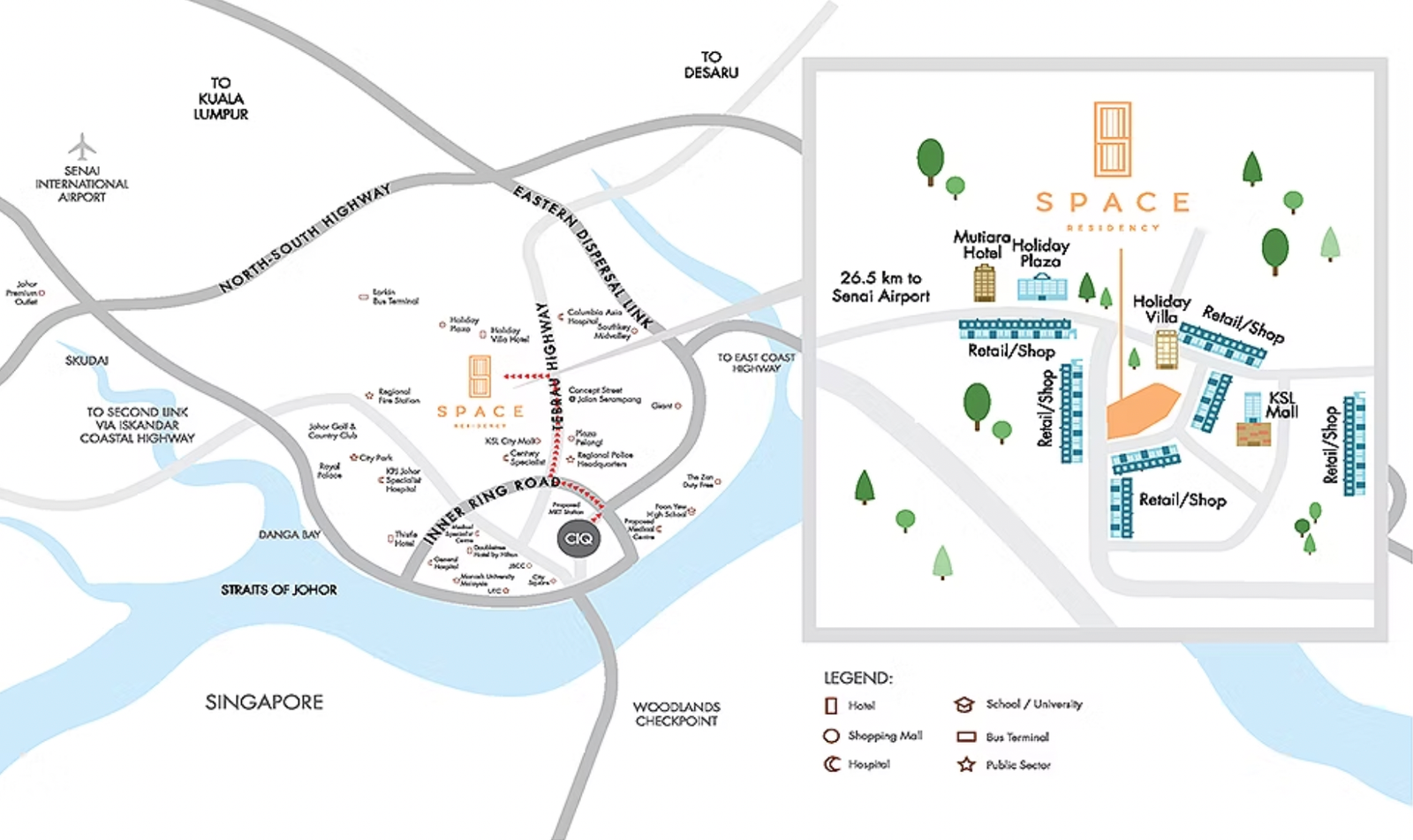 Peta lokasi Space Residency menunjukkan kedudukan berhampiran KSL City Mall, Holiday Villa dan pusat pemeriksaan CIQ Johor Bahru