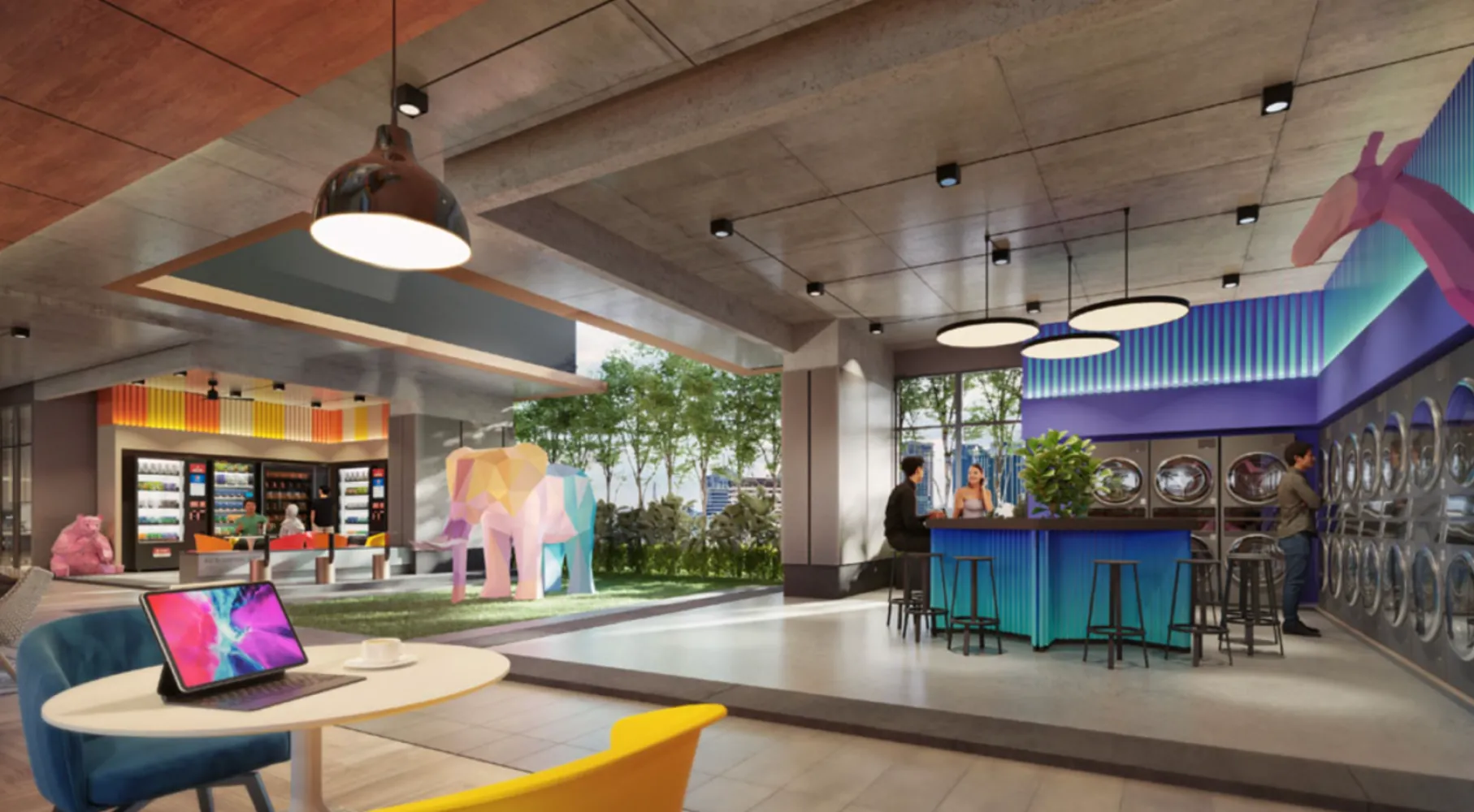 Lounge komuniti Summer Suites dengan kiosk vending, bar tempat duduk dan dobi layan diri