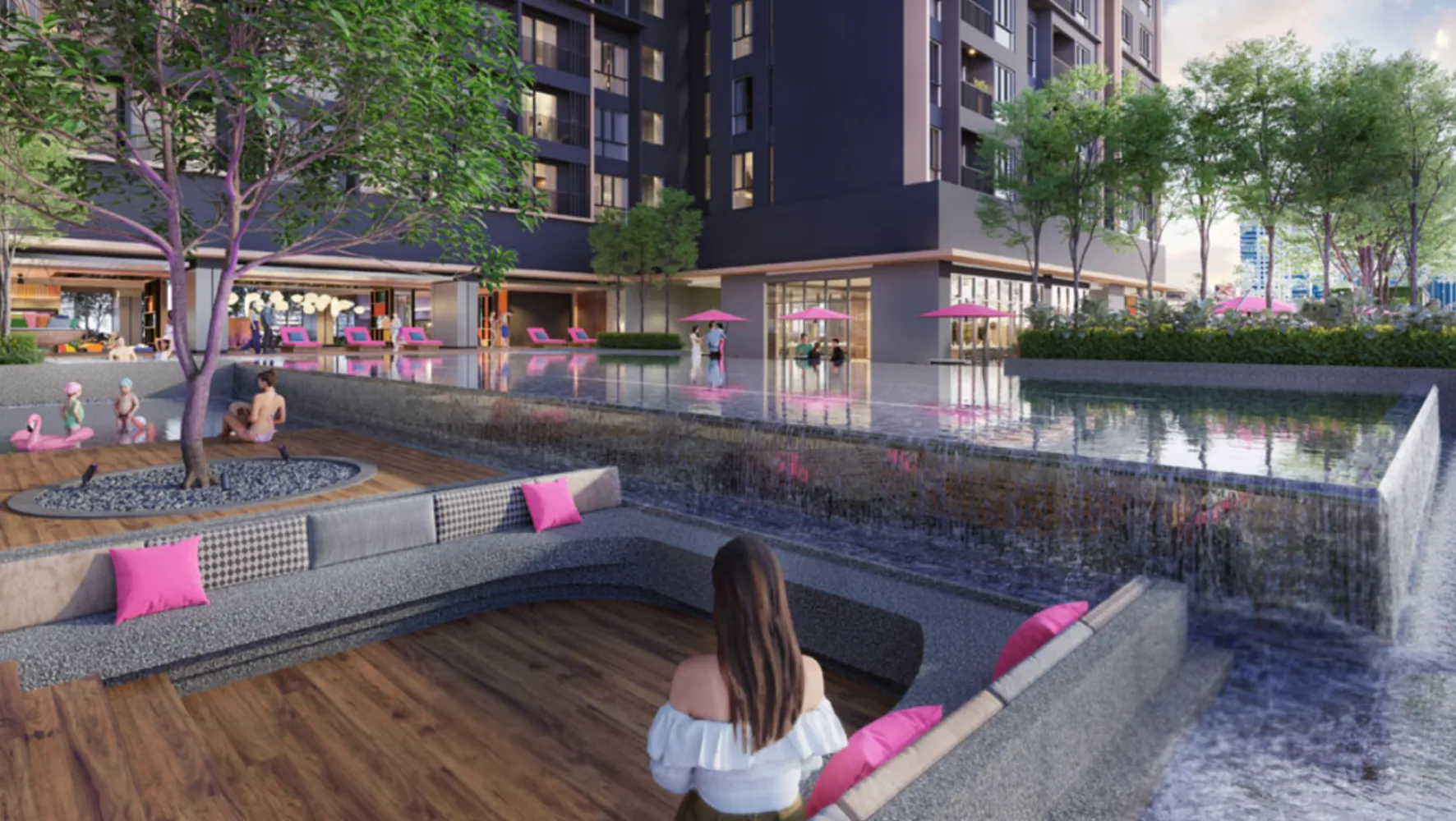 Tempat duduk lounge sunken Summer Suites di sebelah ciri air melimpah di dek Tingkat 10