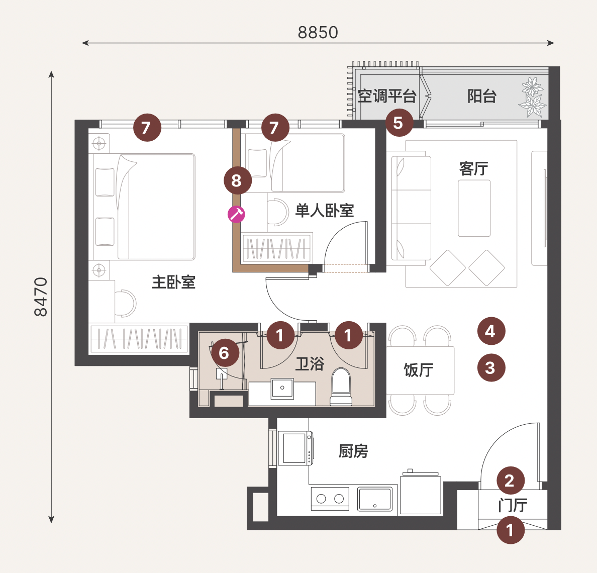 Sunway Cochrane Type A floor plan, 650 sq ft, 1+1 bedroom 1 bathroom in Maluri, Kuala Lumpur