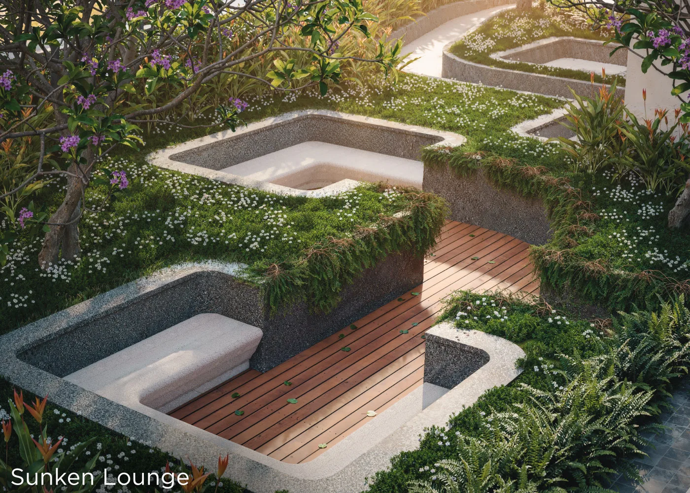 Sunway Flora Phase 2 Sunway Flora 2 Bukit Jalil sunken garden lounge with greenery and wooden deck seating