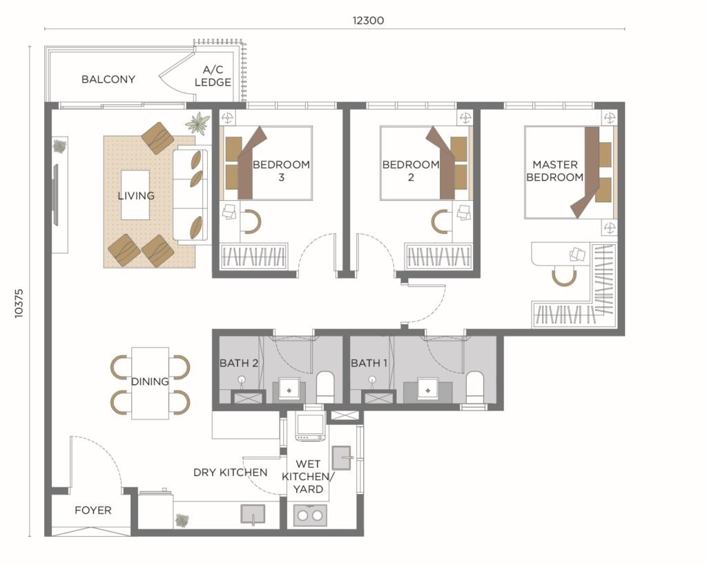 Sunway Flora Residences Type A1 floor plan — 3 bedroom 2 bathroom 1055 sqft layout, Bukit Jalil