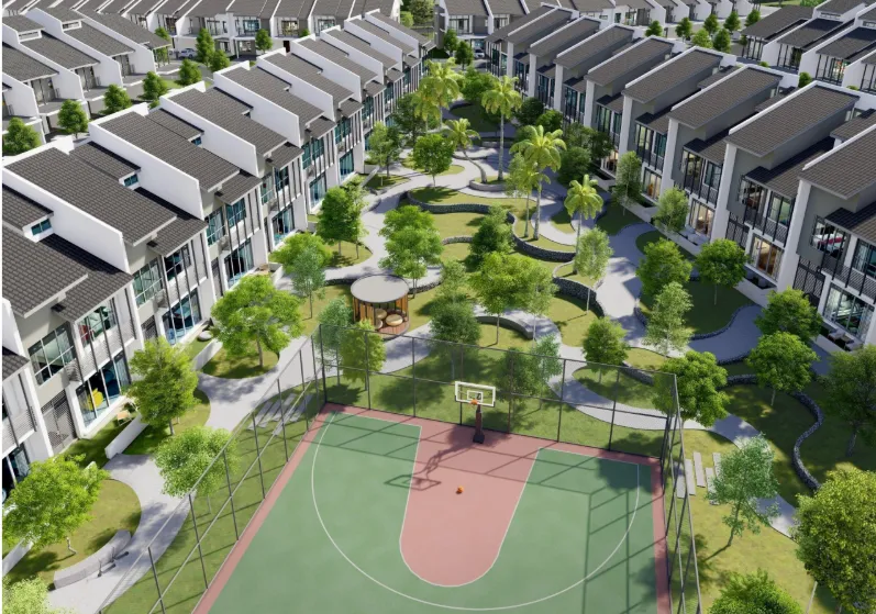Aerial view of Tamansari Jasmin terrace rows around the central park with basketball court in Taman Rawang, Selangor