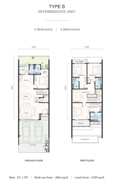 Tamansari Jasmin Type B intermediate unit floor plan, 1,862 sqft, 4 bedrooms 4 bathrooms in Taman Rawang, Selangor