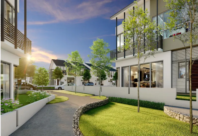 Tamansari Jasmin terrace homes street view at dusk with landscaped front gardens in Taman Rawang, Selangor