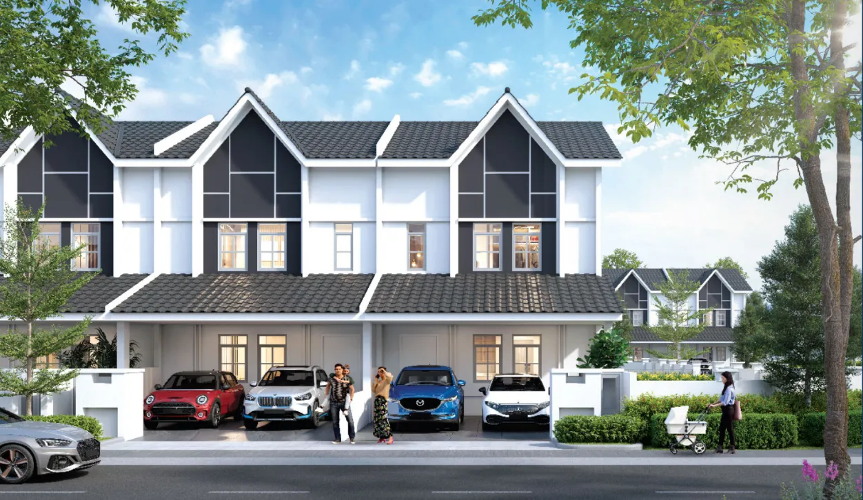 Pemandangan jalan rumah teres Templer Residence waktu siang dengan seni bina bergaya British