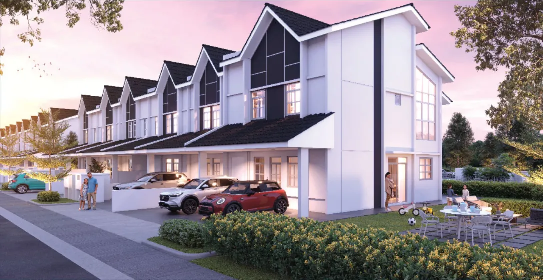 Fasad rumah teres dua tingkat Templer Residence waktu senja dengan bumbung gable bergaya British