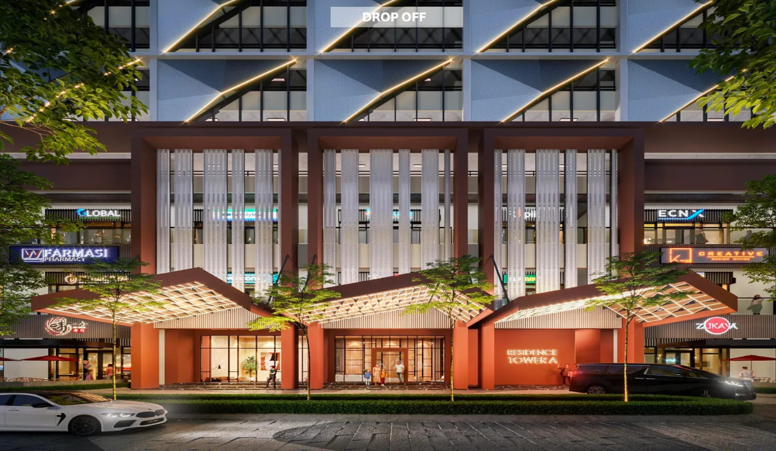 The Address @ Maxim Pelangi night view of the Residence Tower A drop-off entrance lined with retail shops in Jalan Serampang, Taman Pelangi, Johor Bahru, Johor
