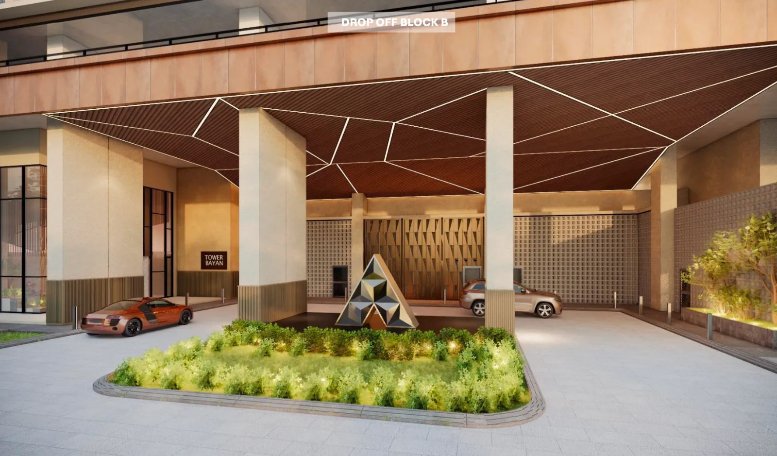 The Address @ Maxim Pelangi Tower Bayan (Block B) drop-off entrance with a sculptural A-shaped landmark feature in Jalan Serampang, Taman Pelangi, Johor Bahru, Johor