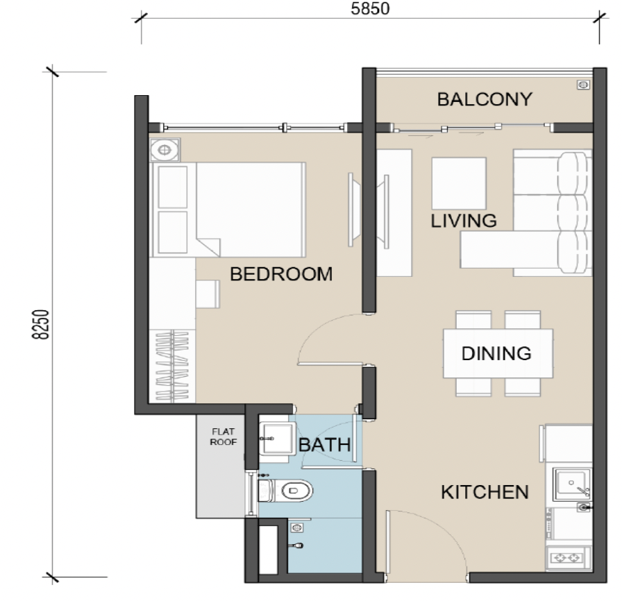 The Address @ Maxim Pelangi Type A1 floor plan, 450 sqft 1-bedroom 1-bathroom layout in Jalan Serampang, Taman Pelangi, Johor Bahru, Johor