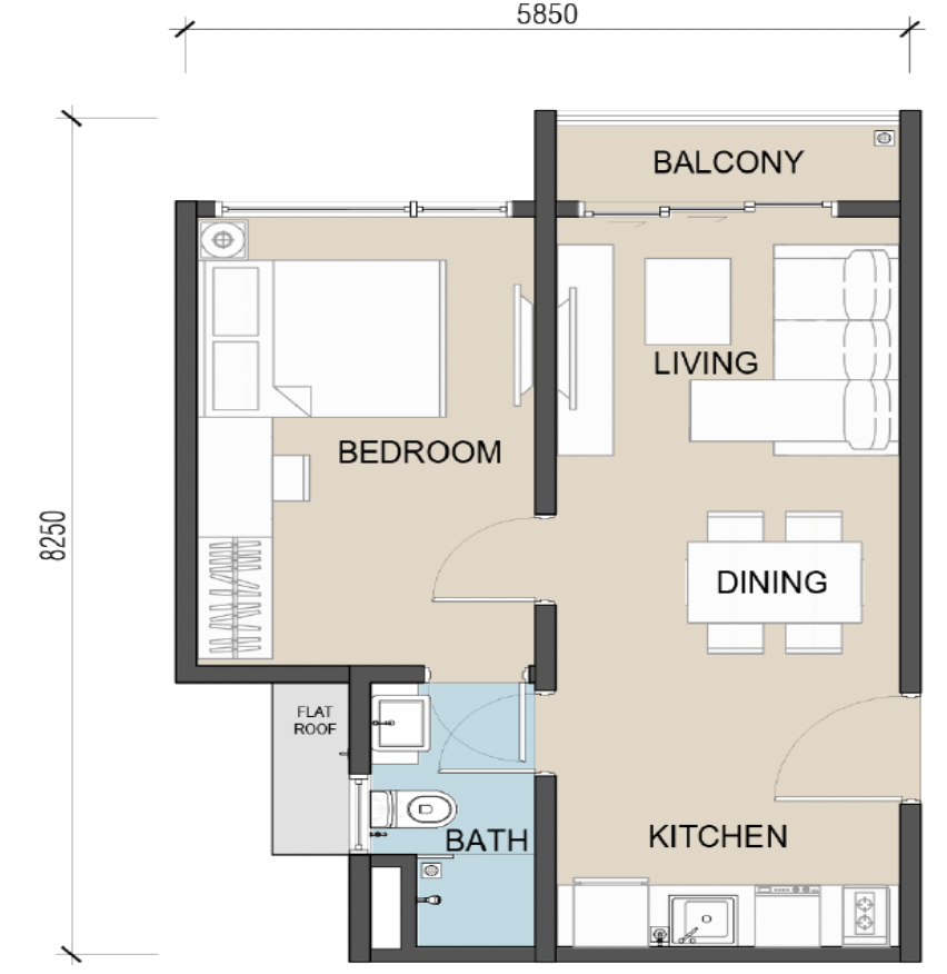 The Address @ Maxim Pelangi A2户型平面图，450平方尺，1房1卫（镜像户型）